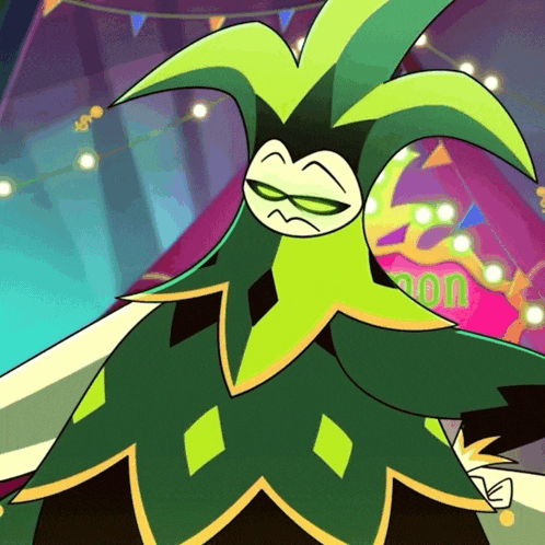 a cartoon drawing of a green and black jester with a sad look on his face