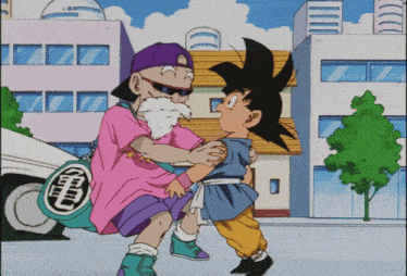 a cartoon drawing of a man and a boy with a bag that says ' goku ' on it