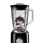 a blender with a doll inside of it