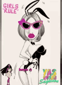 a cartoon drawing of a woman in a bunny costume with the words girls rule on the bottom