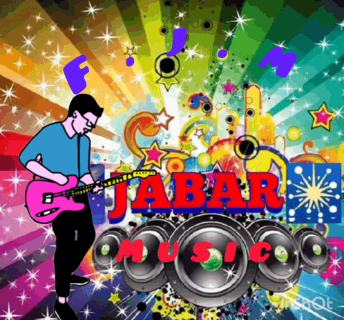a cartoon of a man playing a guitar with the word jabar in the background