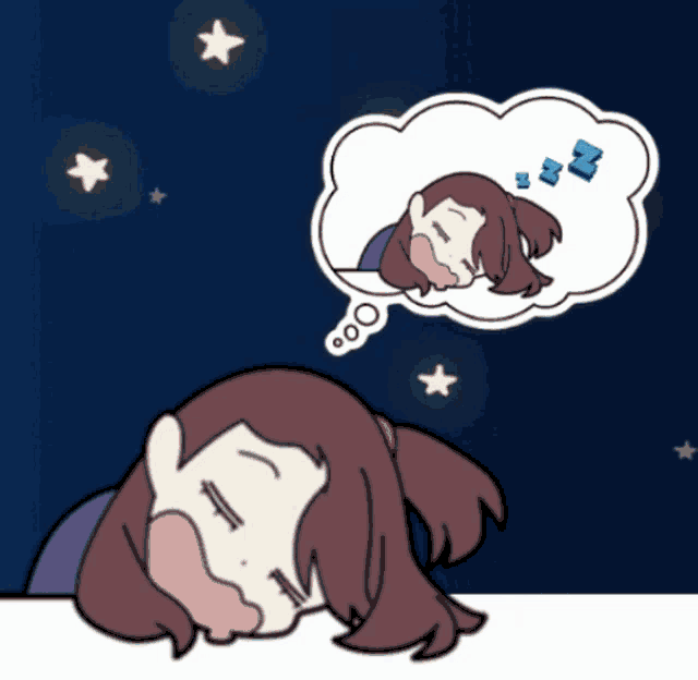 a cartoon of a girl sleeping with a thought bubble that says zzz on it