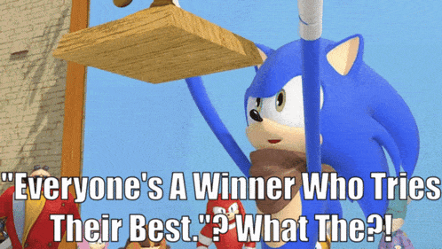 a picture of sonic the hedgehog with the caption everyone 's a winner who tries their best