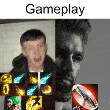 a man with a beard is standing next to another man with a beard and the words gameplay on top