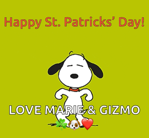 a cartoon of snoopy says happy st. patrick 's day love marie & gizmo