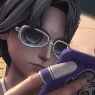 a close up of a person wearing glasses holding a purple morrigan phone