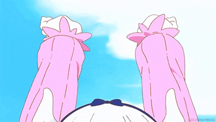 a cartoon of a girl with pink hair and a blue bow