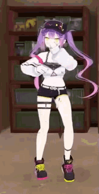 a 3d anime girl is standing in front of a bookshelf .