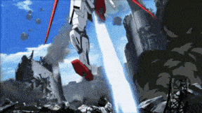a robot is flying through the air with a blue light coming out of it 's feet