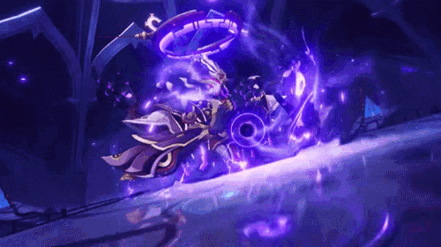 a video game character is surrounded by purple smoke and glowing lights .