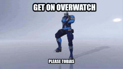 a video game character with the words get on overwatch please tobias
