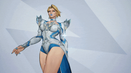 a woman in a white and blue outfit with the word emm in the background