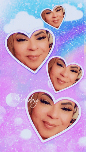a woman 's face is surrounded by heart shaped frames and the date sunday