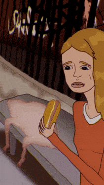 a cartoon drawing of a woman holding a hot dog with a squid in her hand