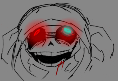 a drawing of a skeleton with red eyes and a bloody mouth
