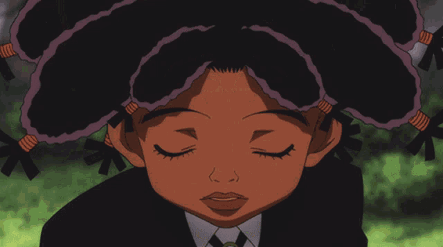 a cartoon of a girl in a suit reaching out towards a black object