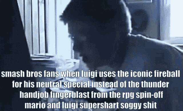 a man is playing a video game with the caption smash bros fans when luigi uses the iconic fireball