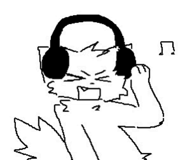a black and white drawing of a cat wearing headphones and listening to music .