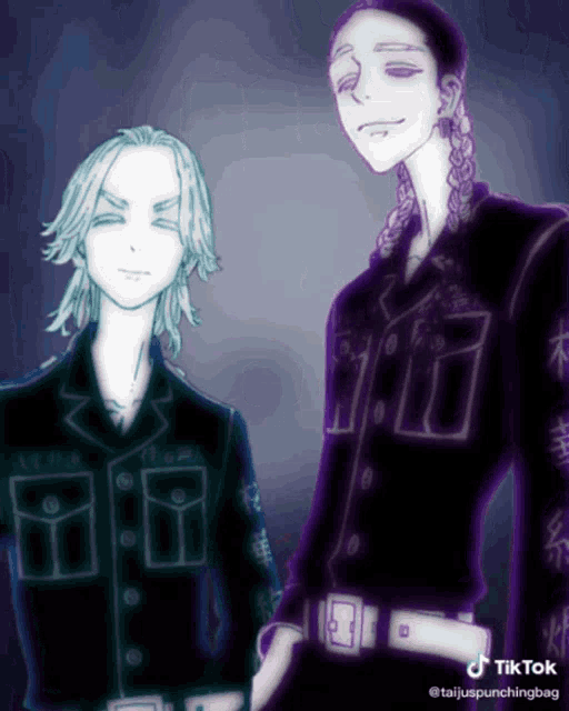 two anime characters are standing next to each other with tiktok written on the bottom right