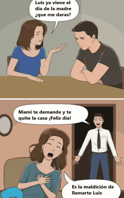 a cartoon of a man talking to a woman with a speech bubble saying luis ya viene el dia de la madre