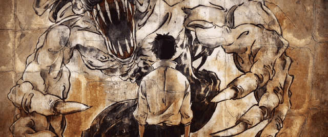a man standing in front of a monster with sharp teeth