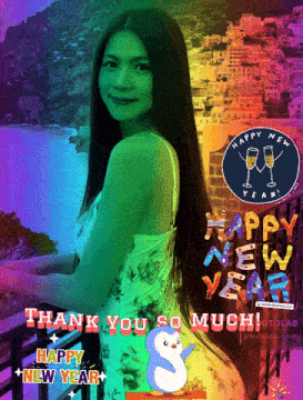 a picture of a woman with the words happy new year written on it