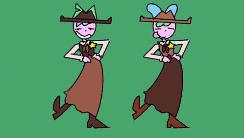 two cartoon characters standing next to each other wearing cowboy hats