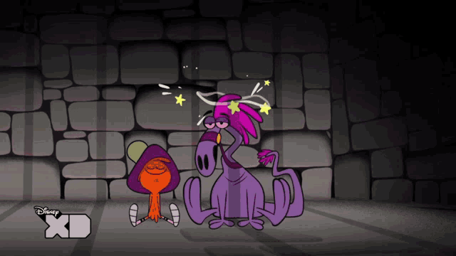 a cartoon character from disney xd sits next to a cartoon character