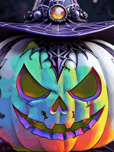 a colorful pumpkin with a witch hat on it