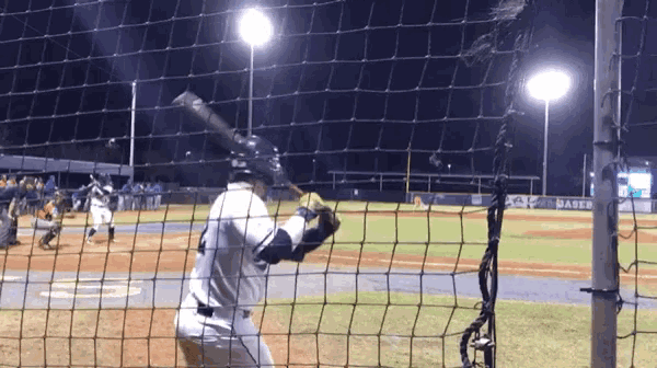 a baseball player is swinging a bat at a ball behind a fence that says ' chase '