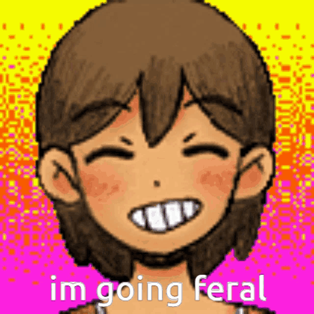 a pixel art of a girl with a big smile and the words `` im going feral '' .
