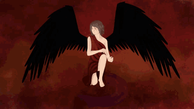 a drawing of an angel with black wings and a red dress