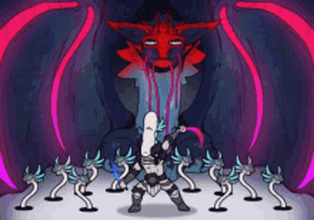 a cartoon of a man holding a sword in front of a demon