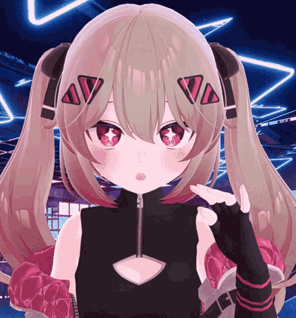 a girl with pigtails and red eyes is wearing a black top and gloves