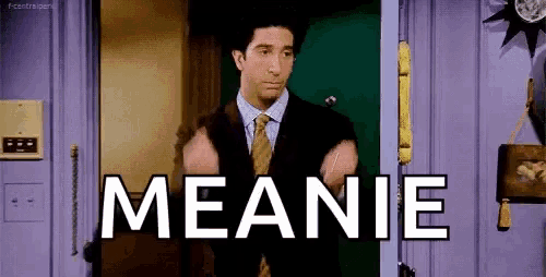 a man in a suit and tie is standing in front of a door with the word meanie on it .