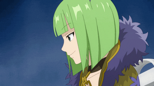 a girl with green hair is wearing a purple jacket