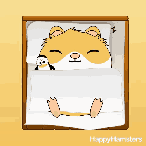 a hamster is sleeping in a bed with a penguin behind it
