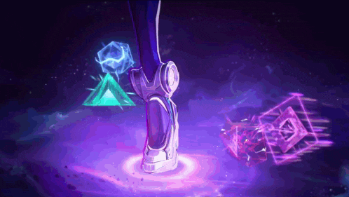 a person is standing in a dark room with a purple and green triangle behind them
