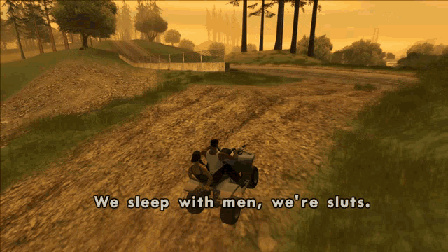 a screenshot of a video game with the words we sleep with men we 're sluts