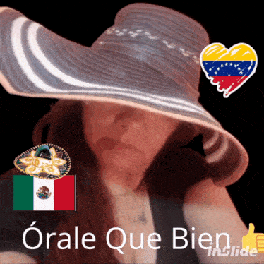 a woman wearing a hat with a mexican flag and a venezuelan flag