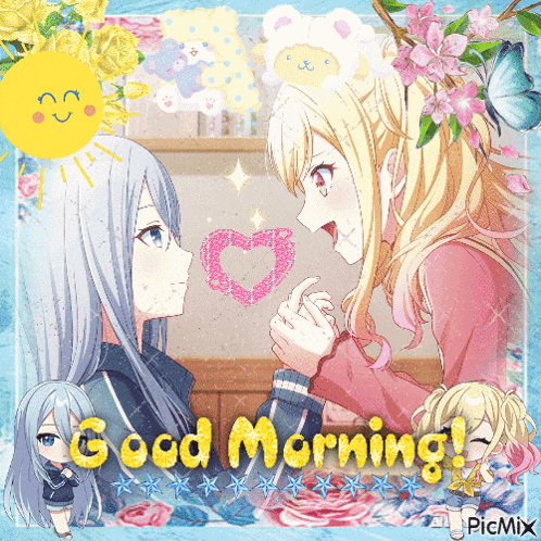 a picture of two anime girls holding hands with the words good morning written in yellow
