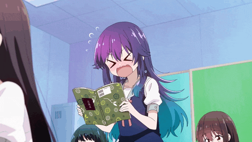 a girl with purple hair is reading a book with flowers on the cover