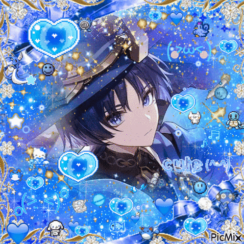 a picture of a boy wearing a hat and surrounded by blue hearts and stars