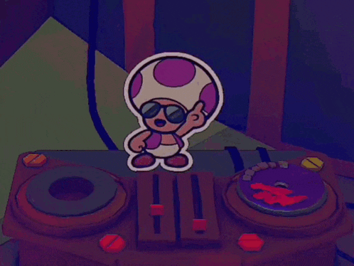 a cartoon drawing of a toad wearing sunglasses and a purple top
