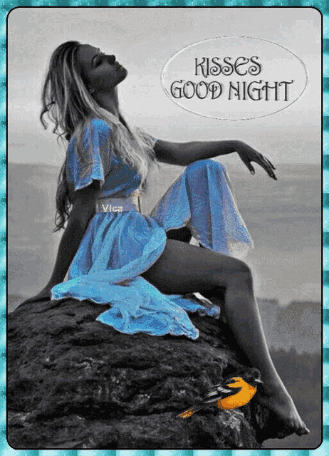 a woman in a blue dress is sitting on a rock with the words kisses good night