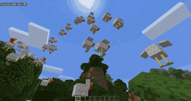 a bunch of chickens are flying in the air in a video game