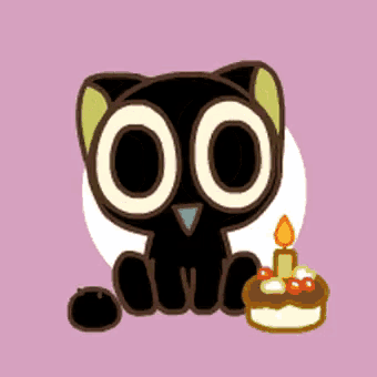 a cartoon cat is sitting next to a birthday cake with a candle .