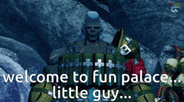 a video game character with the words welcome to fun palace little guy