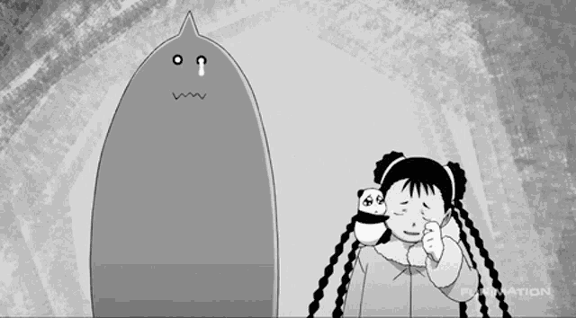 a black and white cartoon of a girl holding a panda bear and a cartoon character with the word animation on the bottom