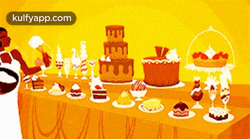 a cartoon drawing of a woman standing in front of a table full of desserts with the website kulfyapp.com in the corner